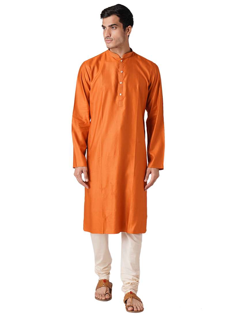 orange solid silk blend long kurta  - 17424645 -  Zoom Image - 0