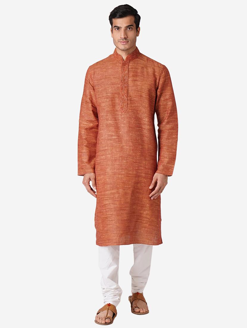 rust solid long kurta with embroidered neckline - 17424650 -  Zoom Image - 0