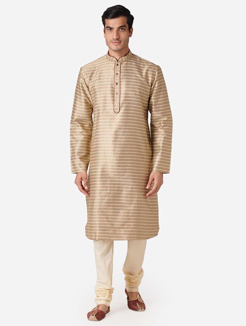 beige silk blend jacquard long kurta