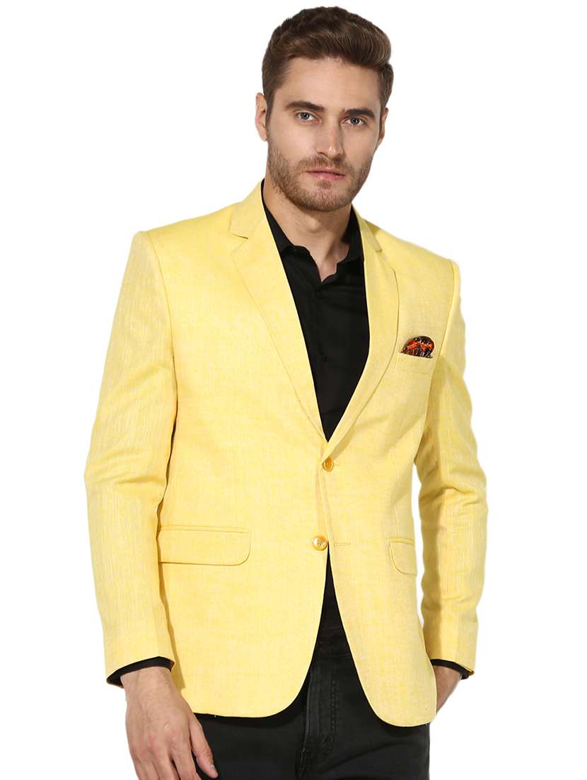 yellow solid linen single breasted casual blazer