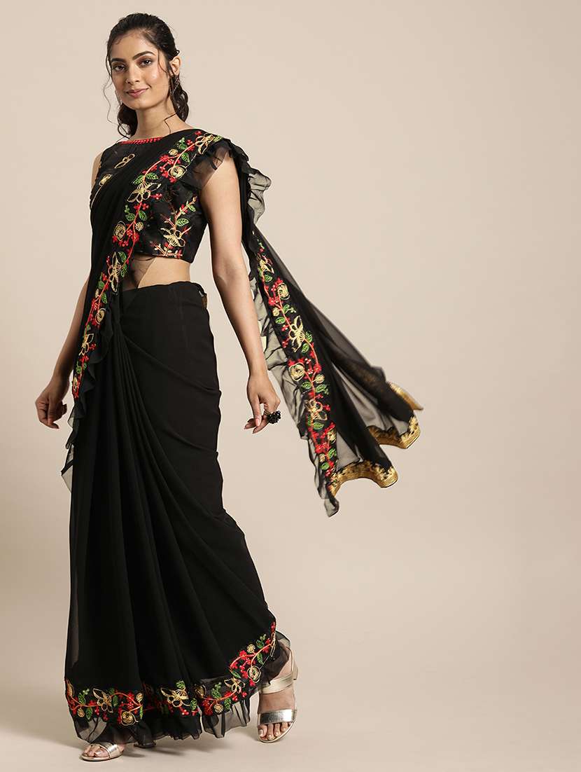 Solid Ruffle Bordered Saree With Blouse