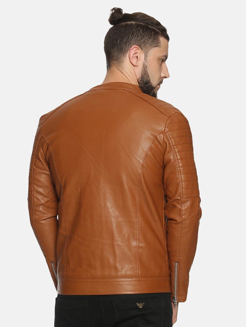brown solid pu biker jacket - 17427160 - Standard Image - 2