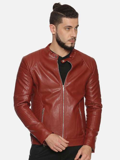 maroon solid pu biker jacket - 17427162 - Standard Image - 0