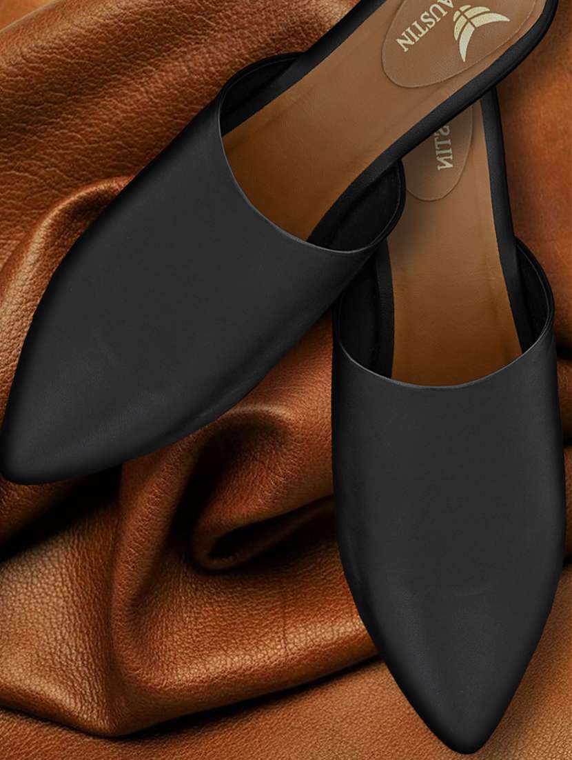 black synthetic mules sandals