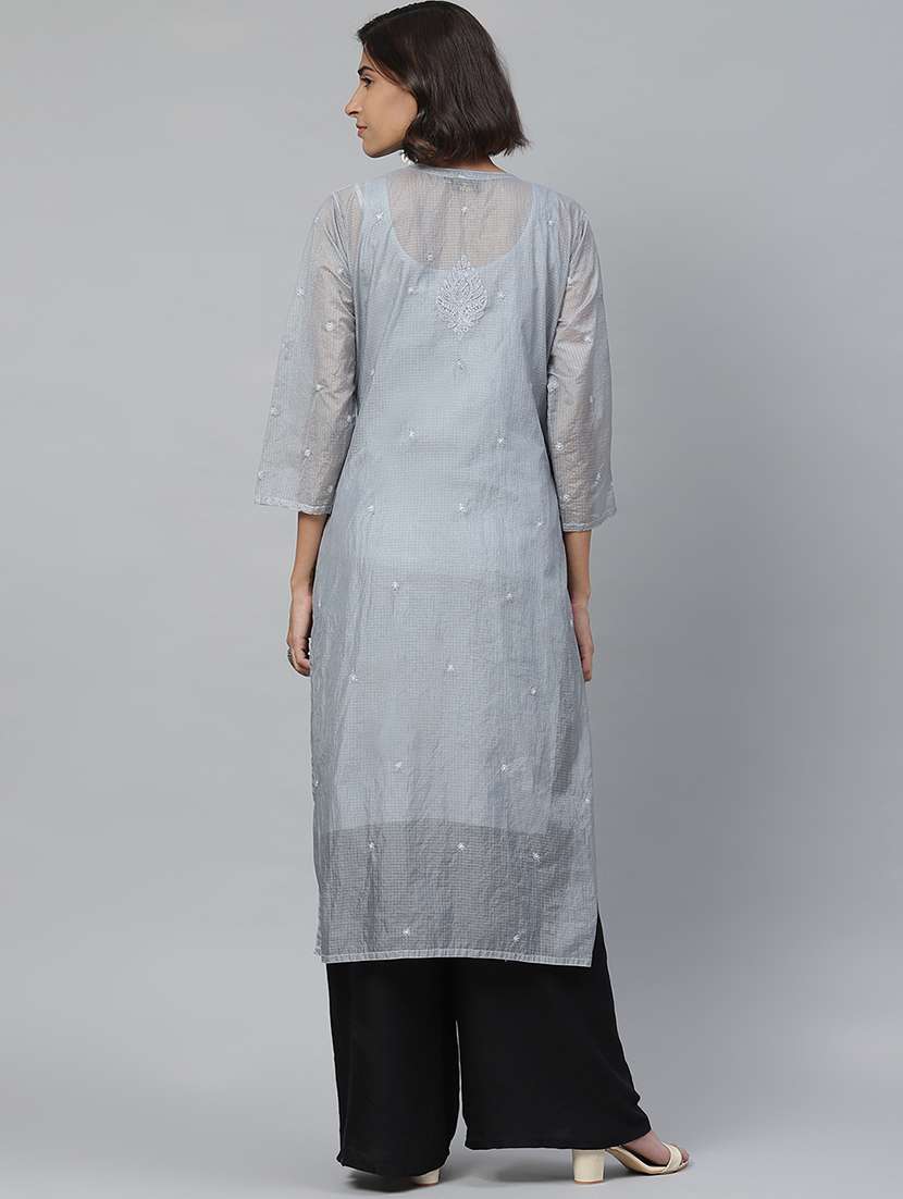ada hand embroidered grey kota straight kurta and slip with muqaish work - 17428063 -  Standard Image - 2
