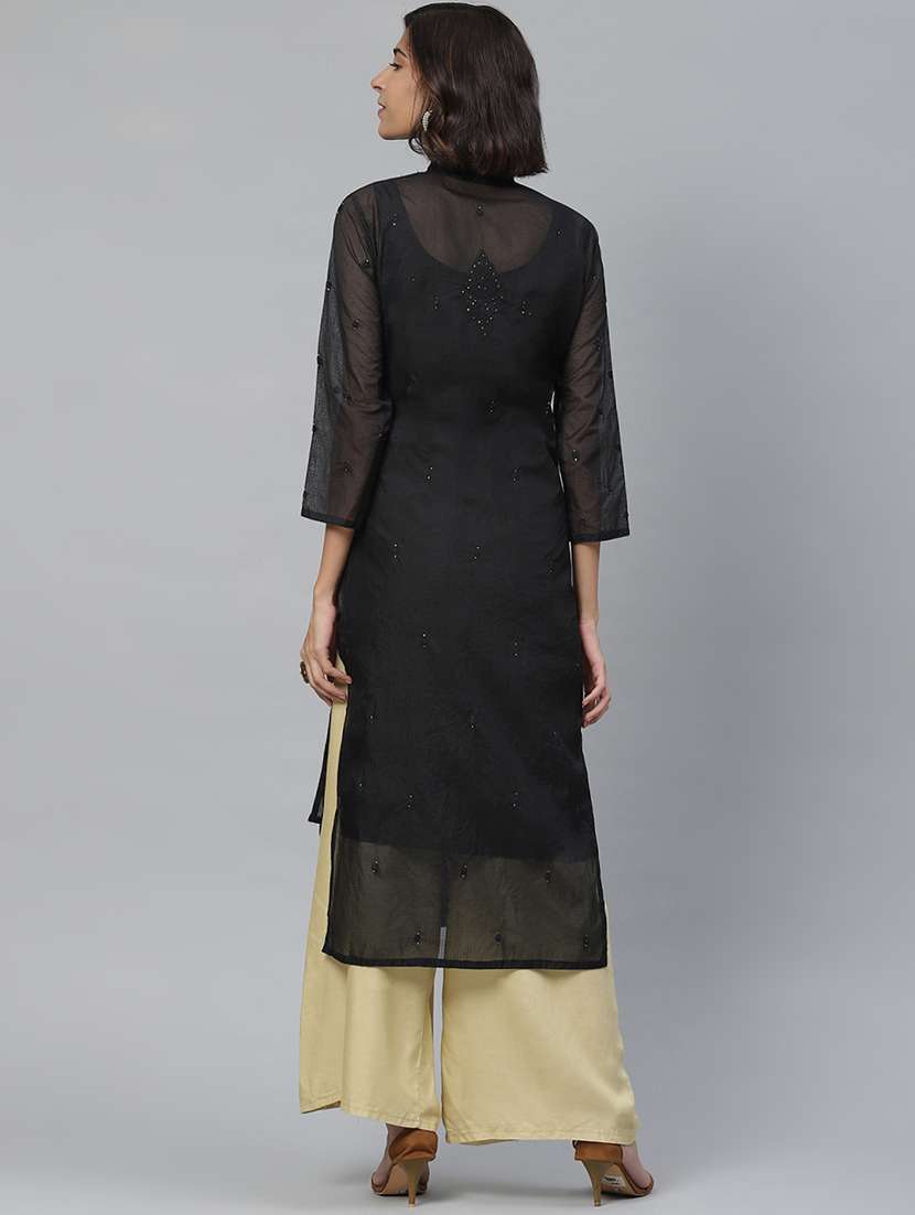 ada hand embroidered black kota straight kurta and slip with muqaish work - 17428064 -  Standard Image - 2