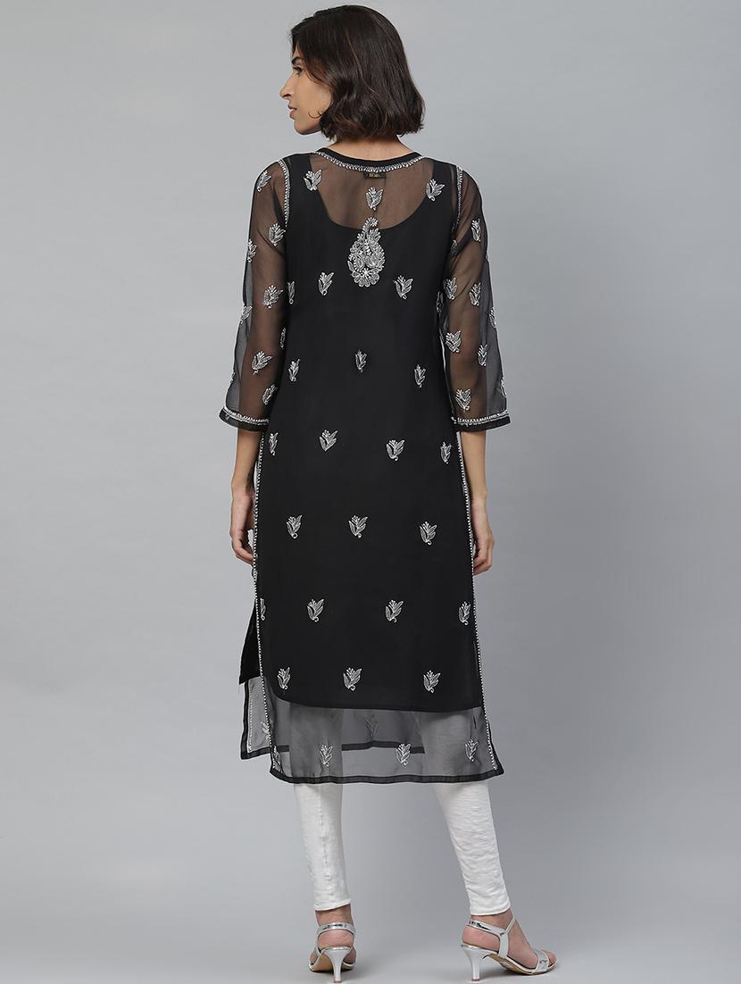 ada hand-embroidered black georgette chikankari straight kurta - 17428067 - Standard Image - 2