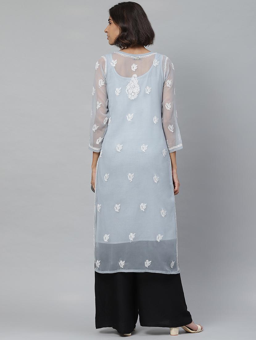 georgette grey lucknowi chikankari kurta - 17428069 - Standard Image - 2