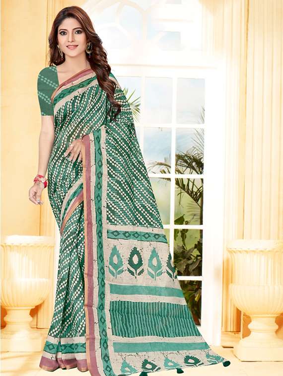 bottle green printed saree with blouse