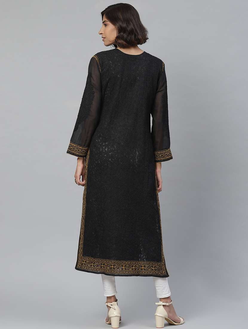 ada hand embroidered black cotton chikankari kurta - 17429342 - Standard Image - 2