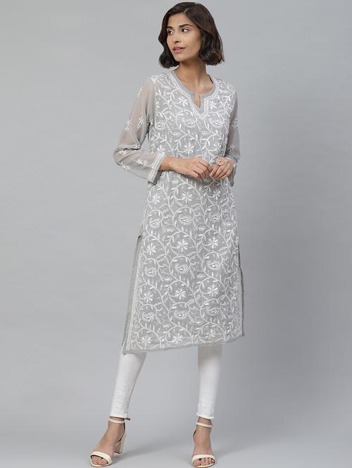 grey georgette women a line chikankari kurta - 17429344 -  Standard Image - 0