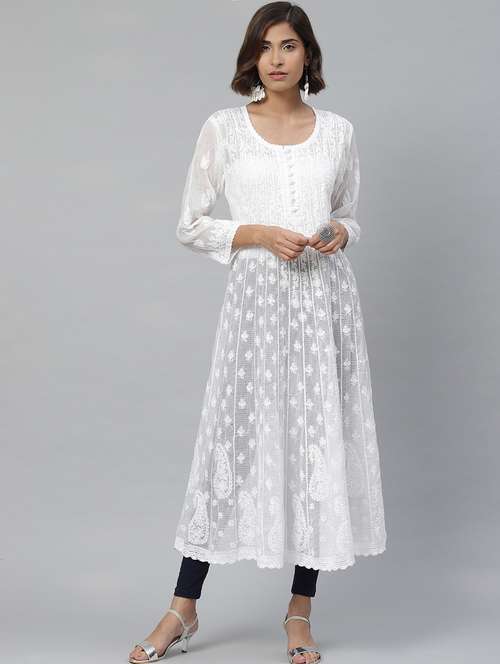 ada hand embroidered white kota chikankari a-line kurta - 17429346 - Standard Image - 0