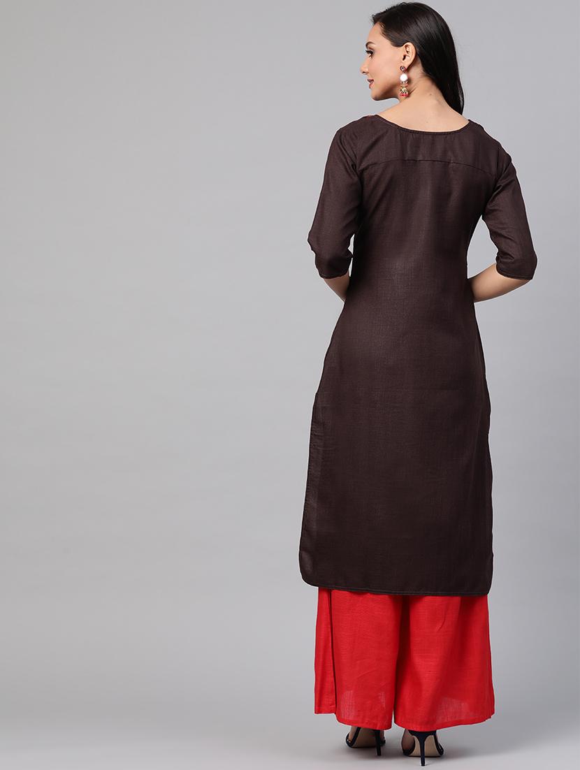 brown embroidered detail straight kurta - 17432528 - Standard Image - 2