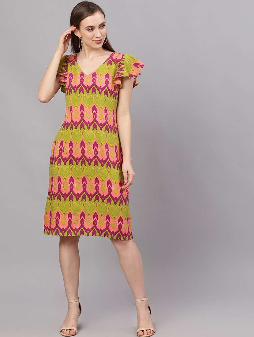 v-neck printed a-line dress