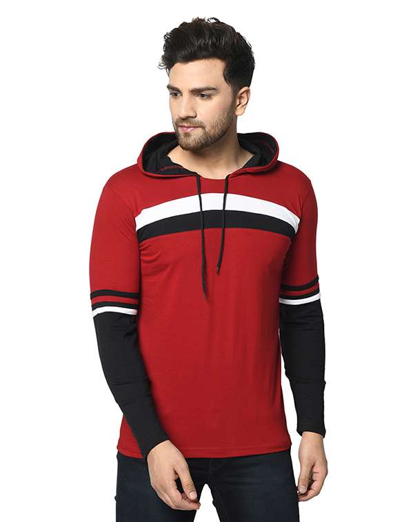 maroon color block cut & sew hooded t-shirt