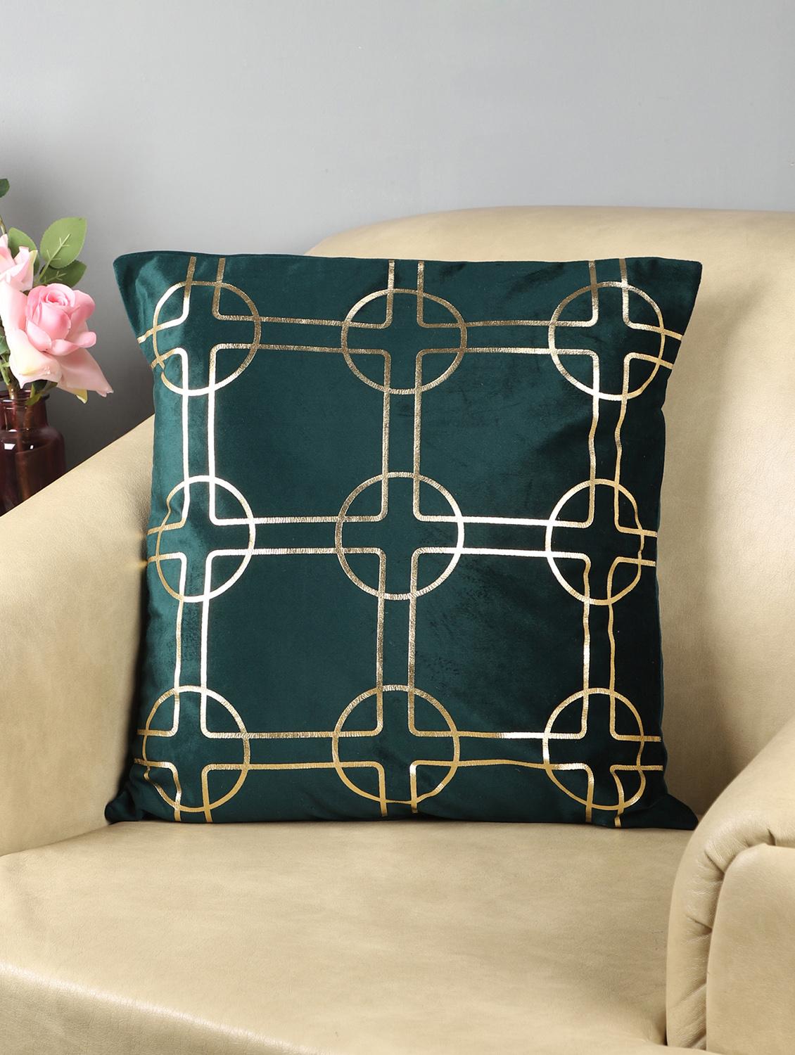ambbi collections green 100 % velvet 16x16 inch gold foil cushion cover - 17438334 - Zoom Image - 0