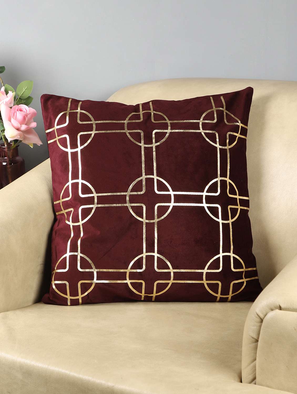 ambbi collections maroon 100 % velvet 16x16 inch gold foil cushion cover