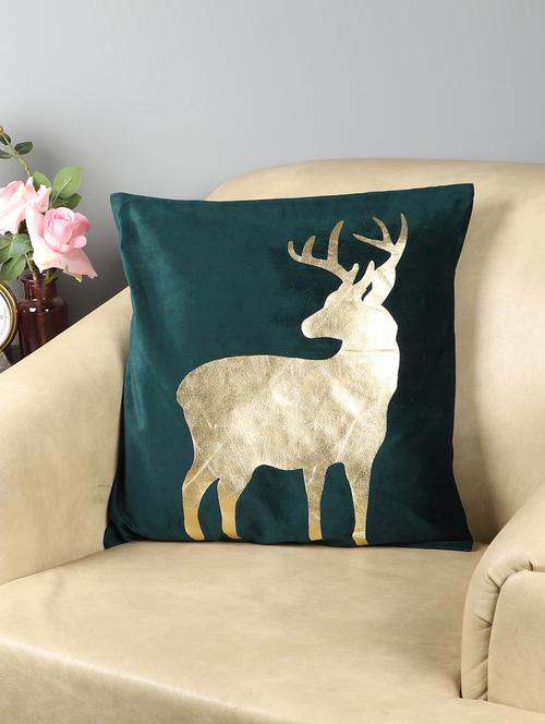 ambbi collections green 100 % velvet 16x16 inch gold foil with full deer design cushion cover - 17438337 - Standard Image - 0