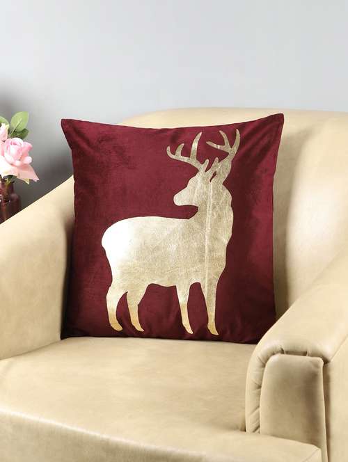 ambbi collections maroon 100 % velvet 16x16 inch gold foil with full deer design  cushion cover - 17438339 -  Standard Image - 0