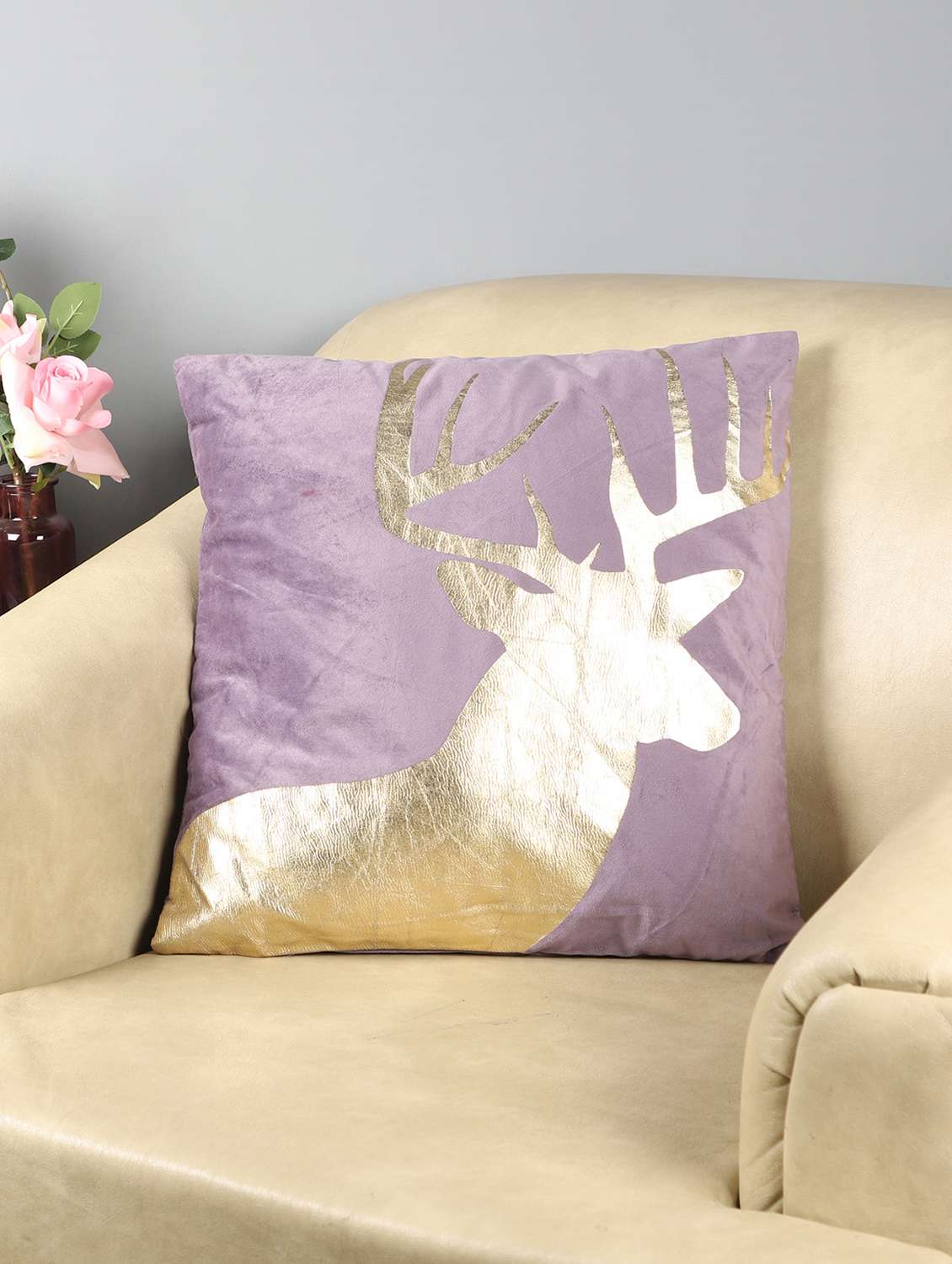 ambbi collections lilac 100 % velvet 16x16 inch gold foil with half deer design  cushion cover