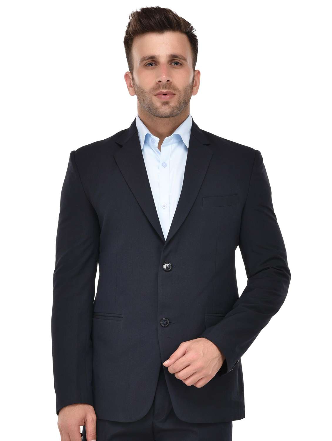 navy blue solid single breasted suit