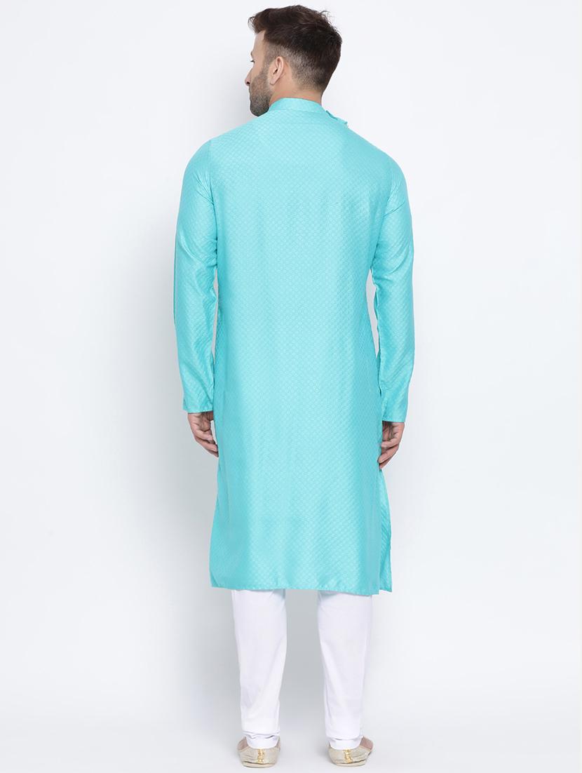light blue embroidered silk blend long kurta - 17451190 - Standard Image - 2