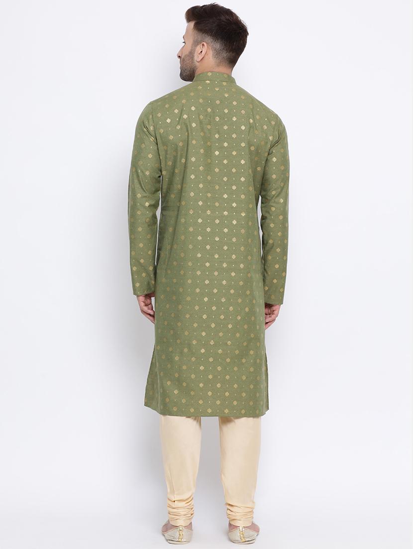 olive green printed silk blend long kurta - 17451192 - Standard Image - 2