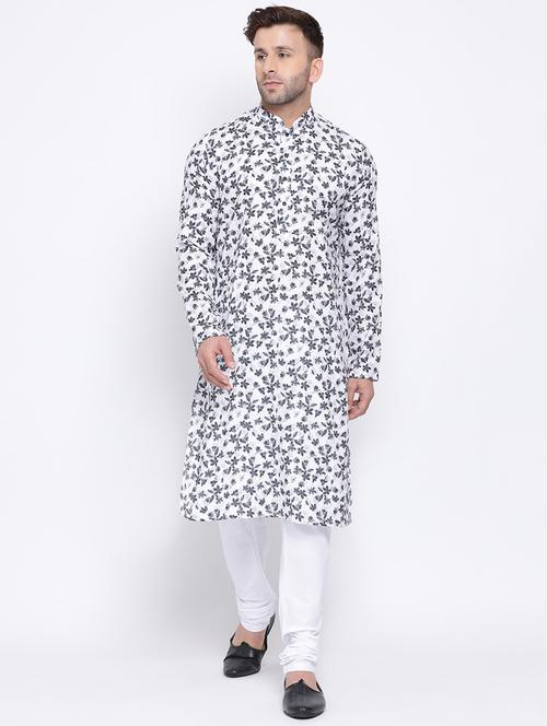 white printed linen long kurta - 17451199 -  Standard Image - 0