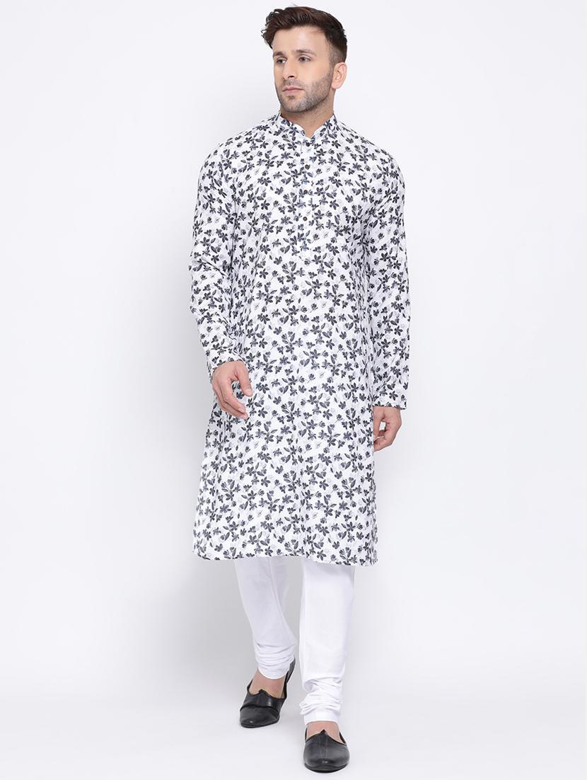 white printed linen long kurta