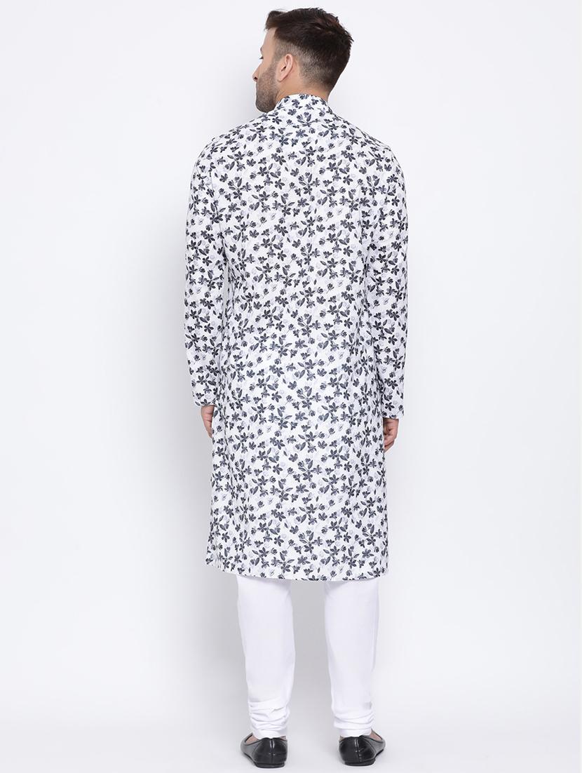 white printed linen long kurta - 17451199 - Standard Image - 2