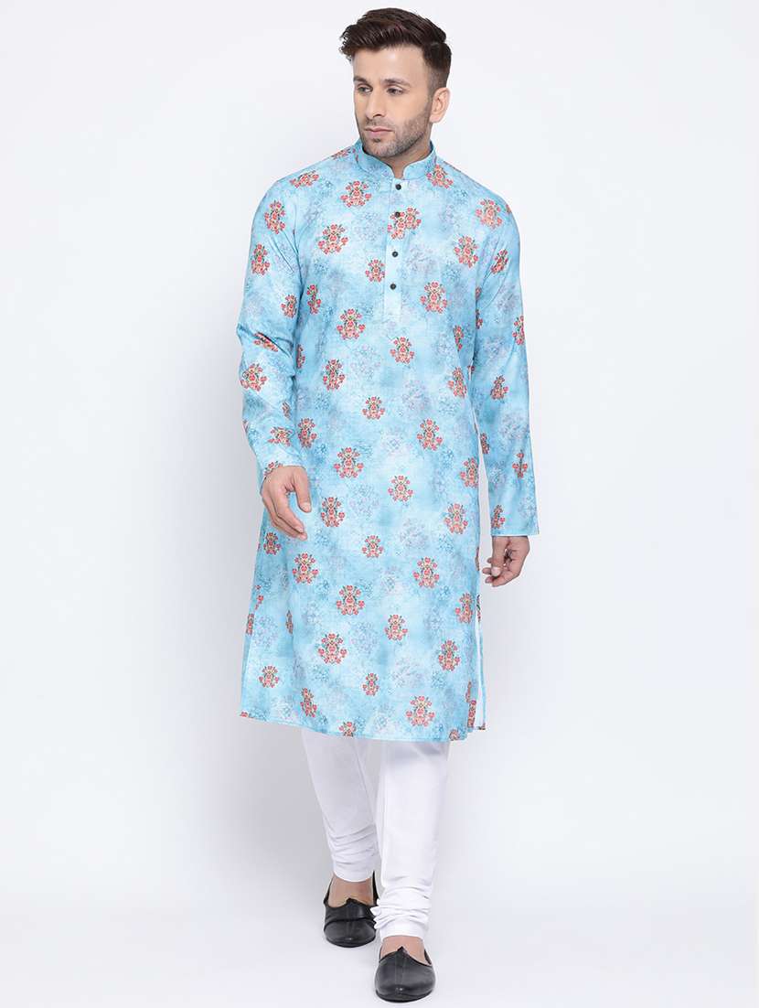 light blue floral linen long kurta