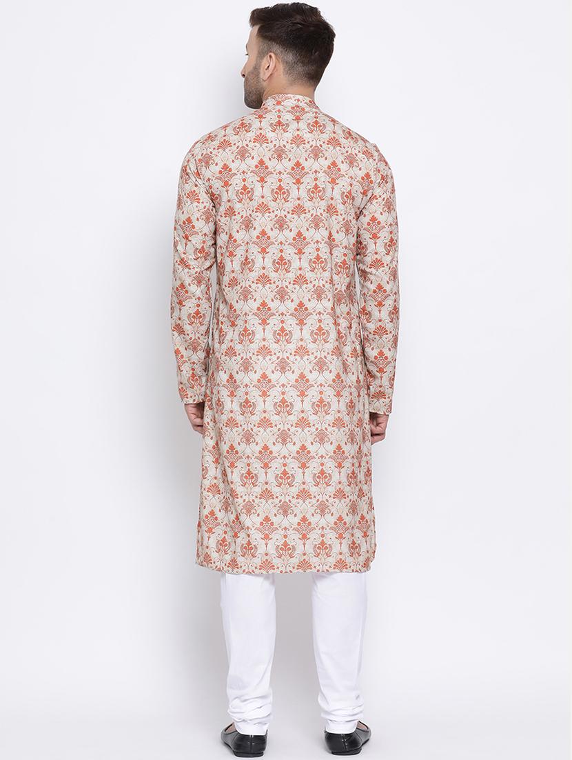 beige printed linen long kurta - 17451206 - Standard Image - 2