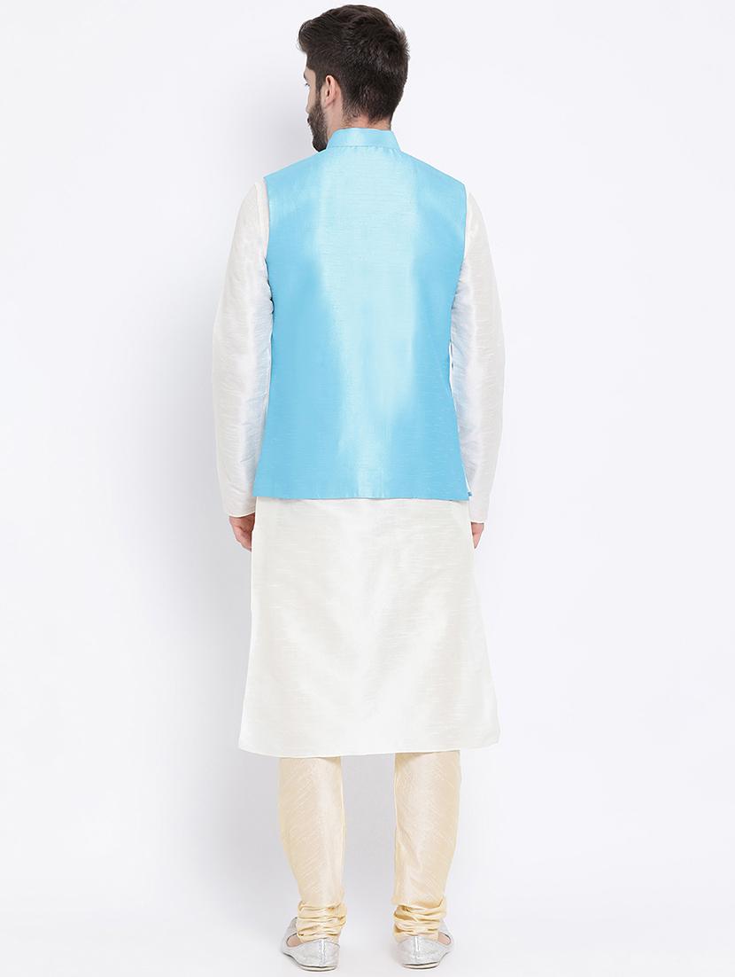 off white solid dupion kurta pyjama set with blue nehru jacket - 17451720 - Standard Image - 2