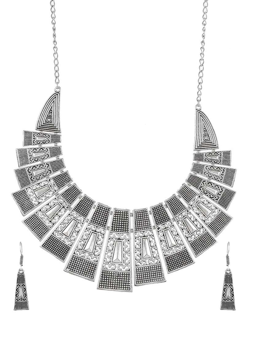 Oxidised Silver Short Necklace With Earring