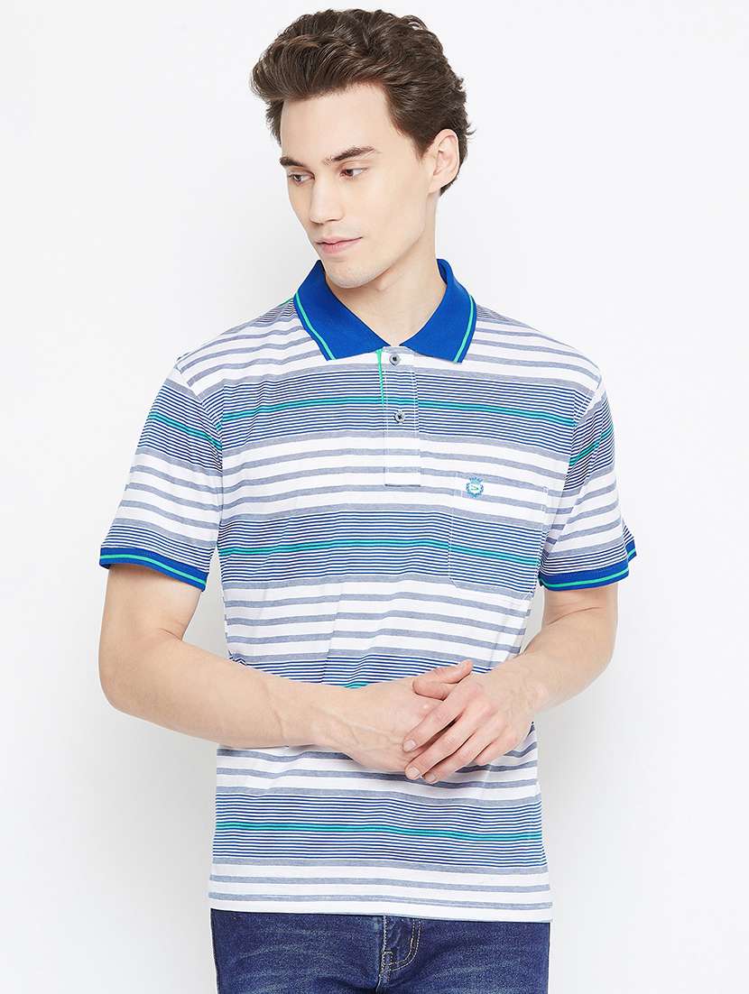 blue striped collared t-shirt