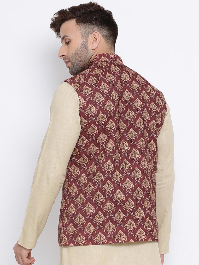 maroon printed linen nehru jacket - 17454125 - Standard Image - 2