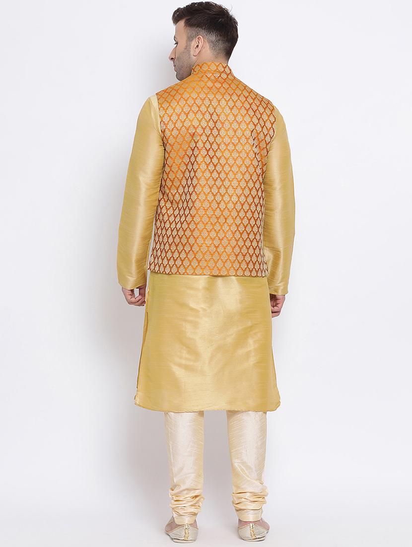 gold solid kurta pyjama set with gold jacquard nehru jacket - 17454665 - Standard Image - 2