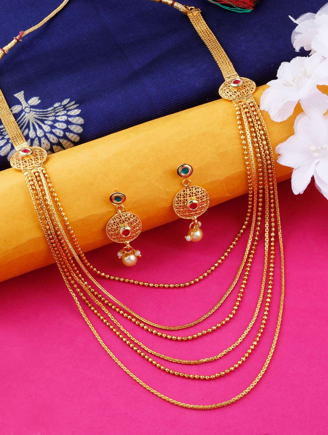 Gold Plated Brass Long Double Layered Necklaces With Earring