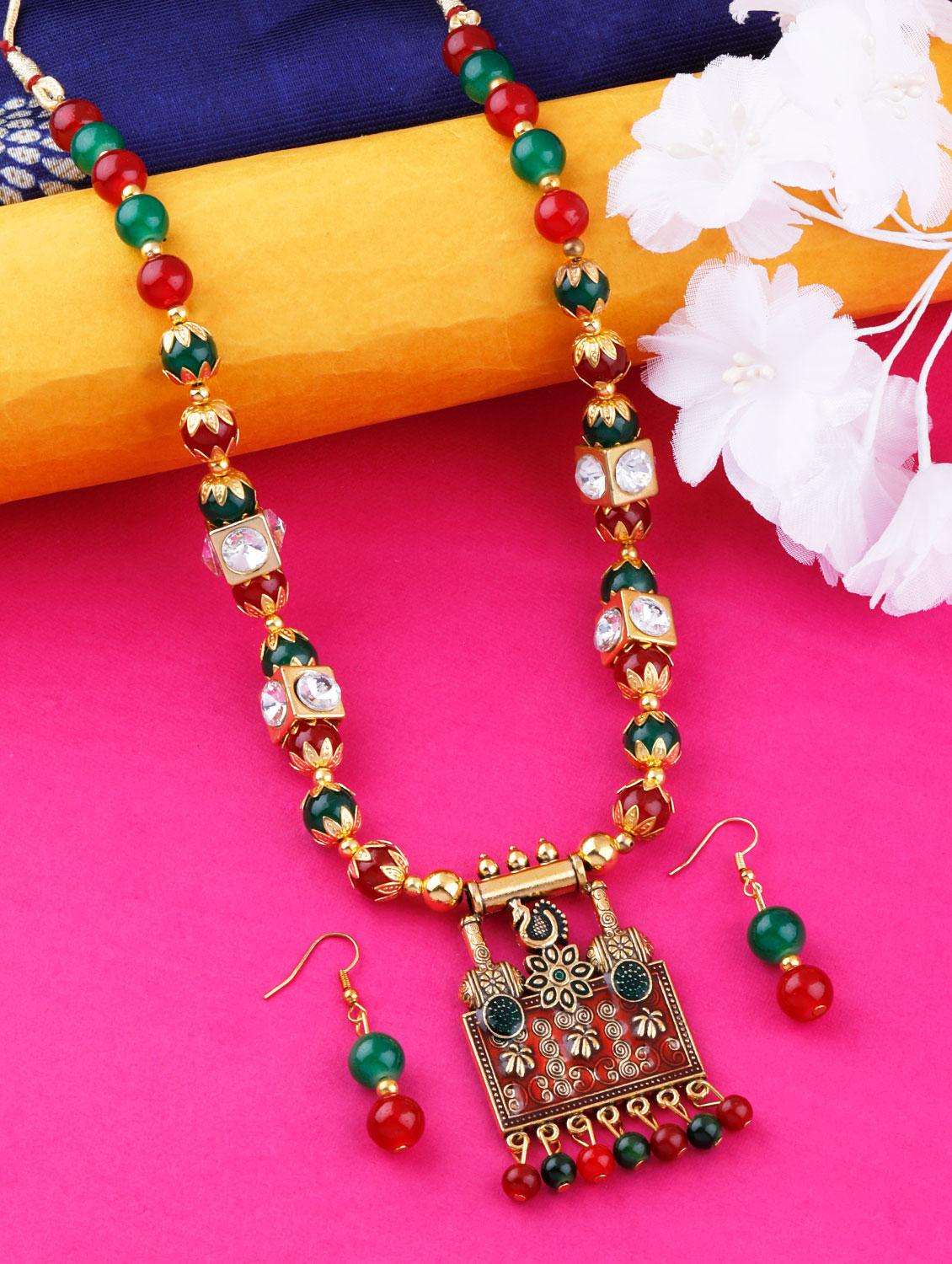 multi color pearl gold brass long necklace with earring