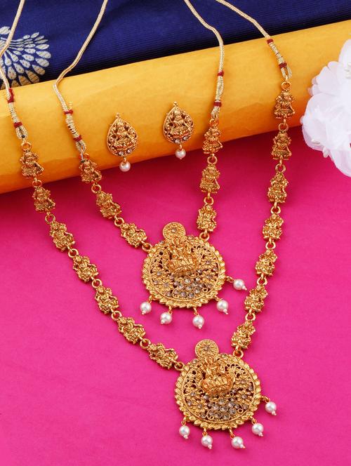 gold pleated brass double layered long necklaces with earring - 17456167 - Standard Image - 0