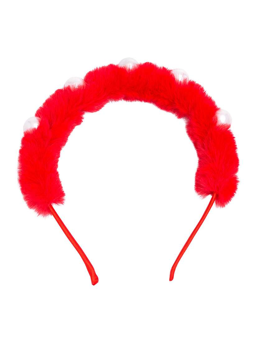 red faux fur pearl headband