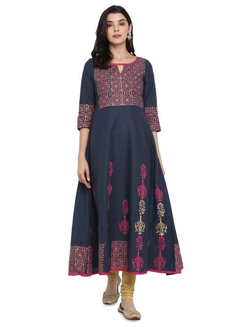 women navy blue three quarter sleeve flared kurta - 17463050 -  Standard Image - 0