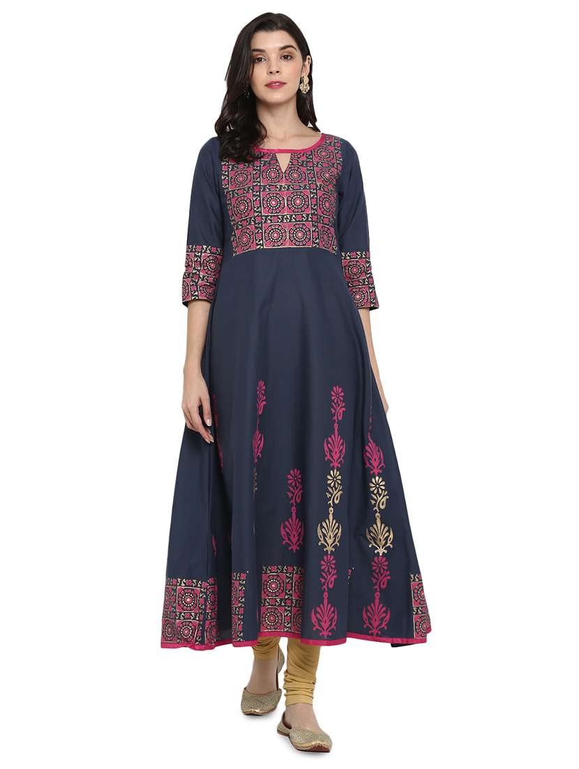 women navy blue three quarter sleeve flared kurta - 17463050 -  Zoom Image - 0