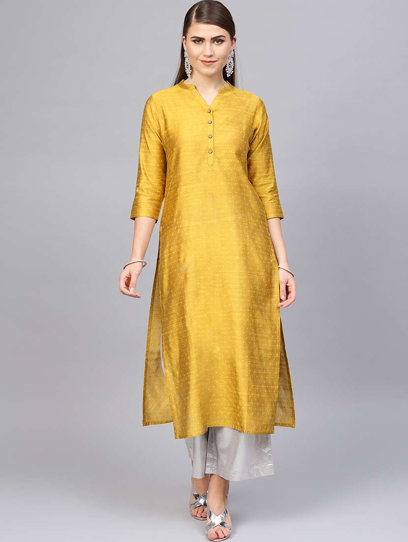 yellow mandarin neck self designed straight kurta