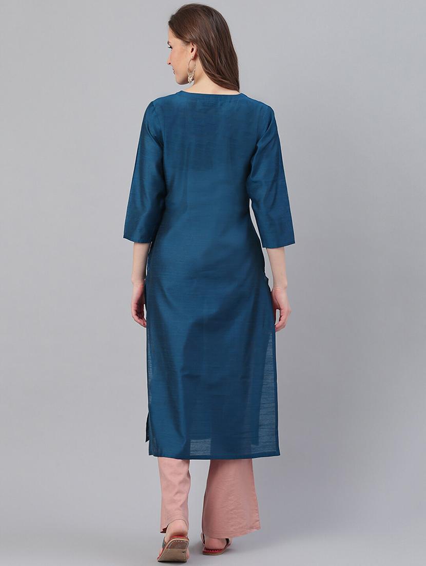teal art silk straight kurta - 17465814 - Standard Image - 2