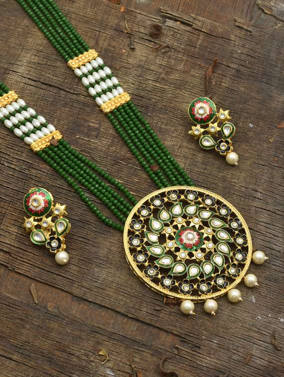 green tone gold brass necklaces and earring
