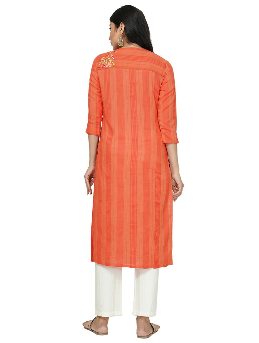 peach cotton straight kurta - 17466985 - Standard Image - 2