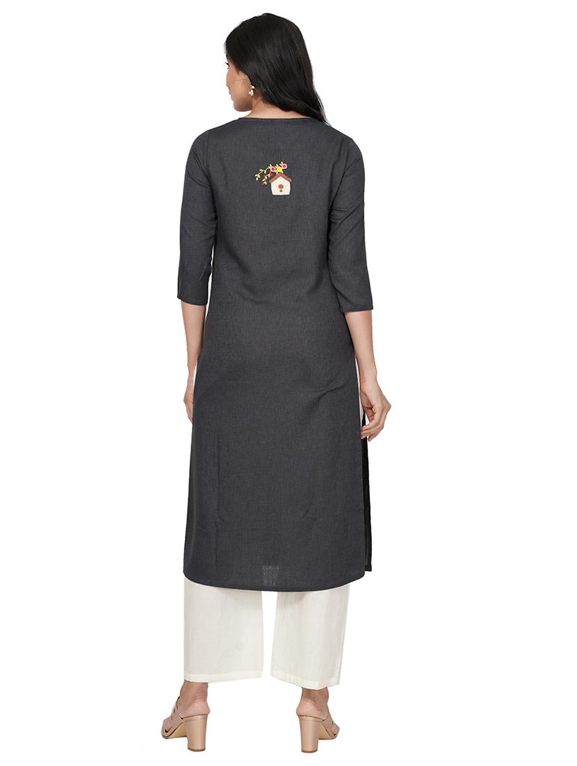 grey cotton straight kurta - 17466988 - Standard Image - 2