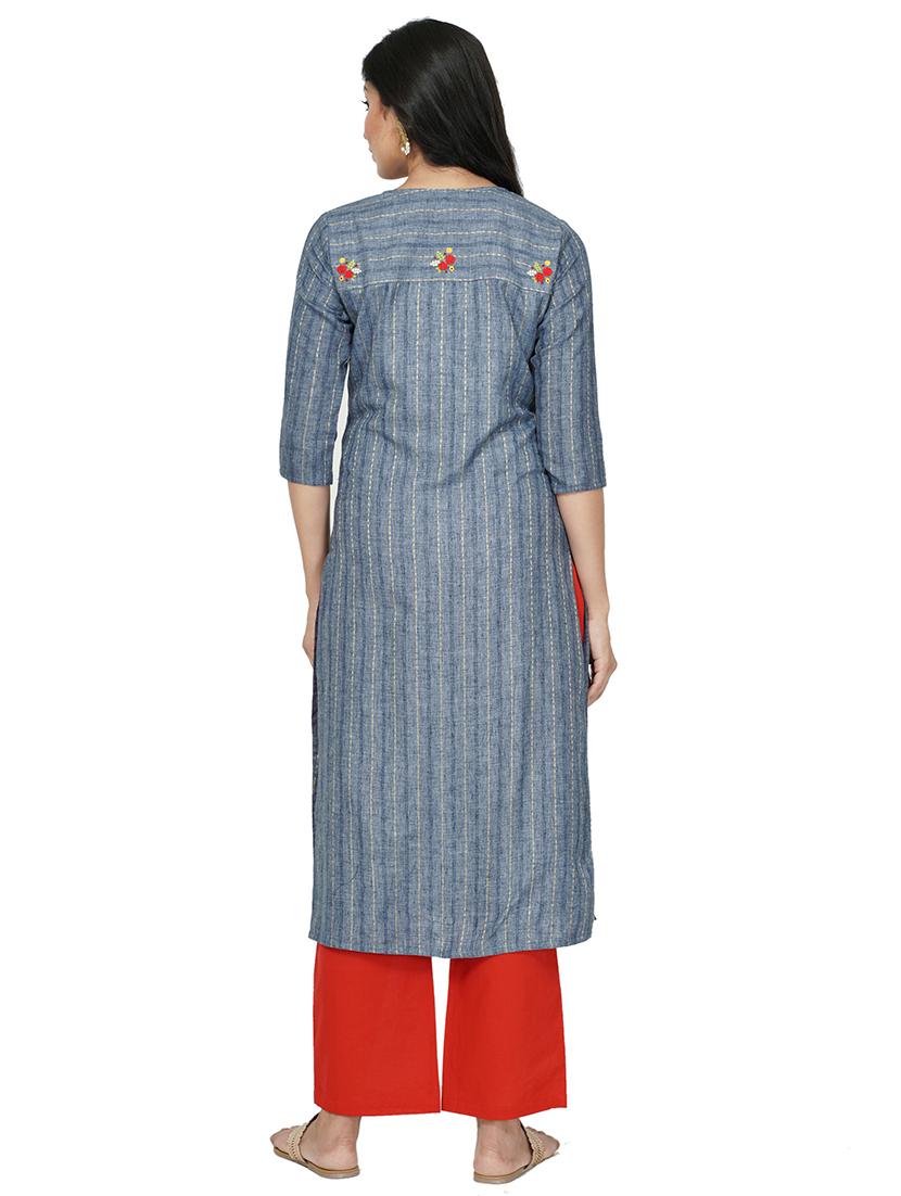 grey cotton straight kurta - 17466990 - Standard Image - 2