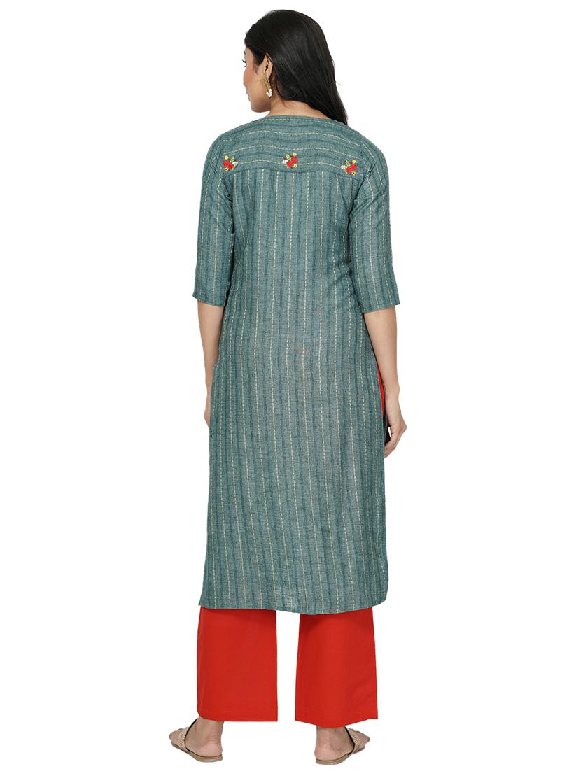 teal cotton straight kurta - 17466991 - Standard Image - 2